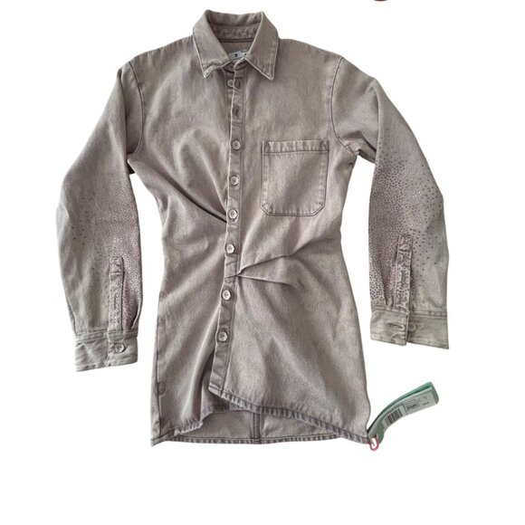 Off-White Unisex Rhinestone Studded Denim Button-Up Shirt - Picture 1 of 14